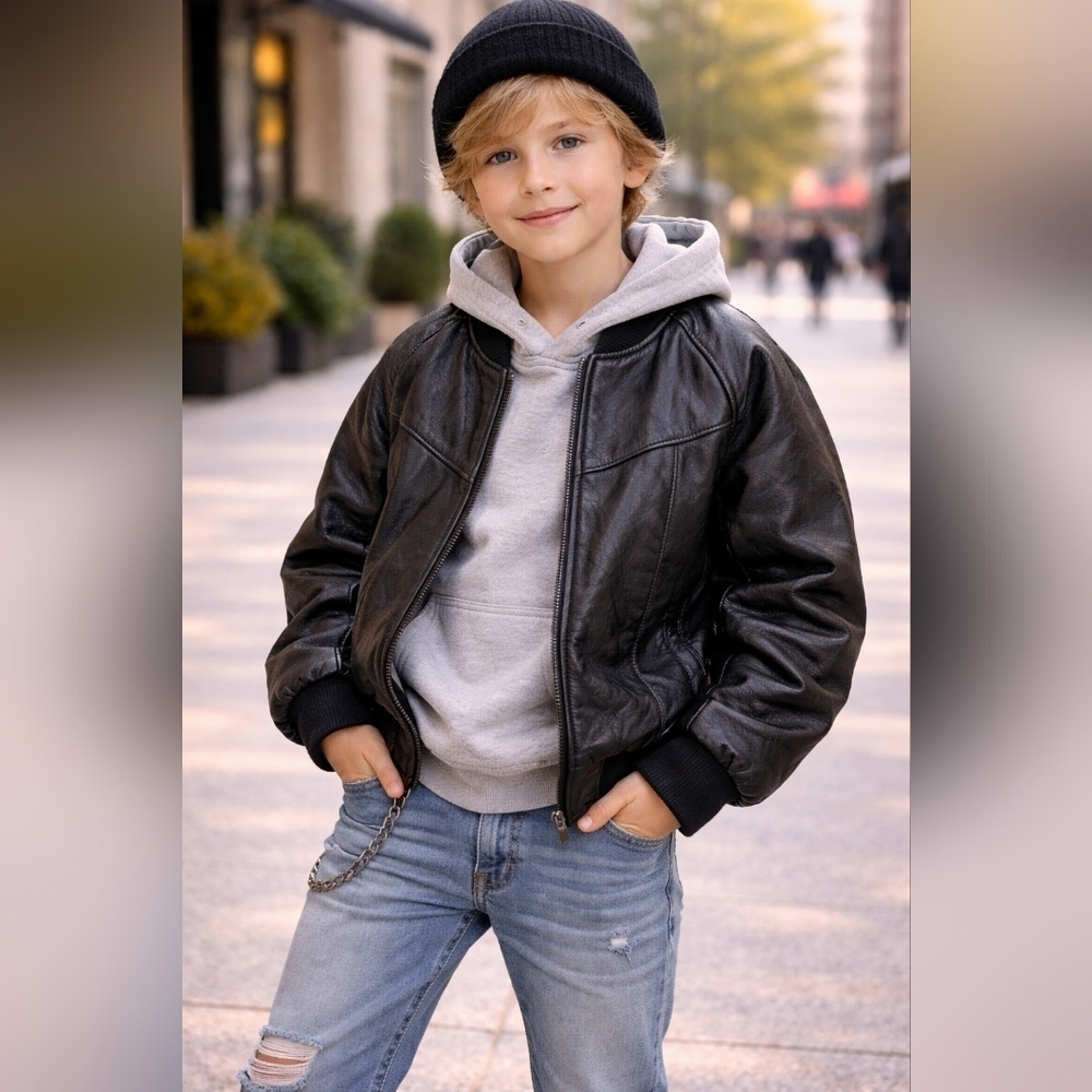 Vintage Black Leather Bomber Jacket Kids 8Y Streetwear Oversized